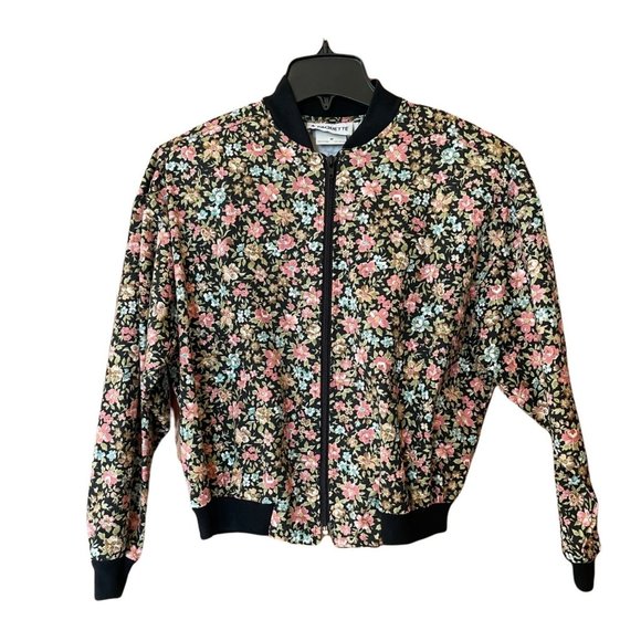 Vintage 80s A Paquette Black Floral Jacket Womens Sz M Shoulder Pads USA Made - Picture 1 of 10